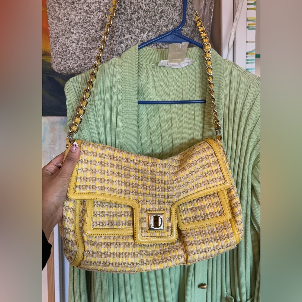 Kate Spade Flap shoulder Tweed Fabric Quilted Bag Purse Mango yellow pastel
